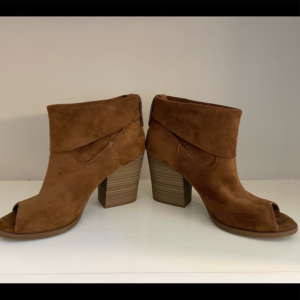 Faux suede open toe booties